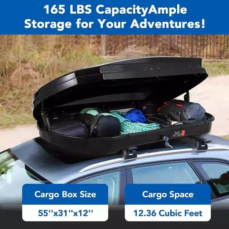 55 Inch Rooftop Cargo Box Carrier,12.4 Cubic Ft. Hard Shell Roof Rack Cargo Carrier with Security Keys,165 Lbs, Dual Side Opening