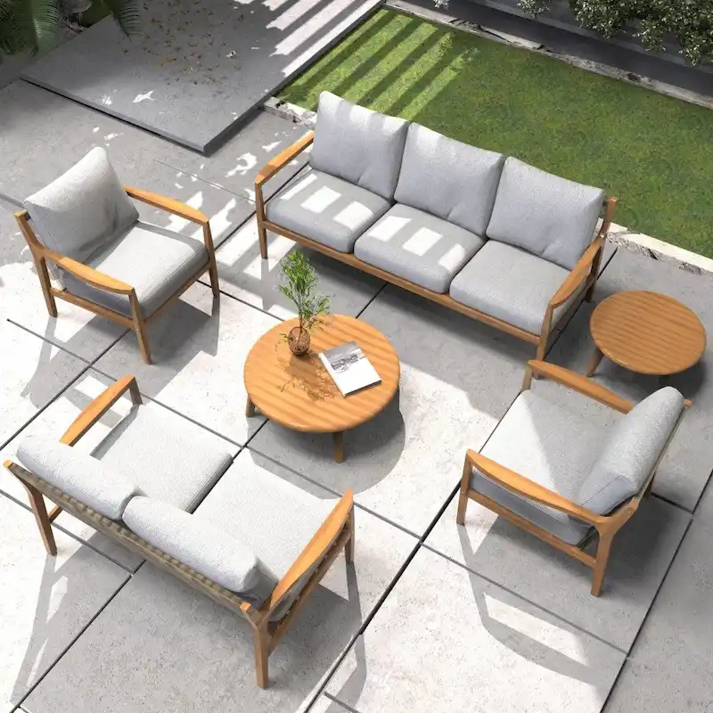 7-seater Modern Outdoor Acacia Wood Sofa Set with Sleek Coffee Table and Removable Cushions