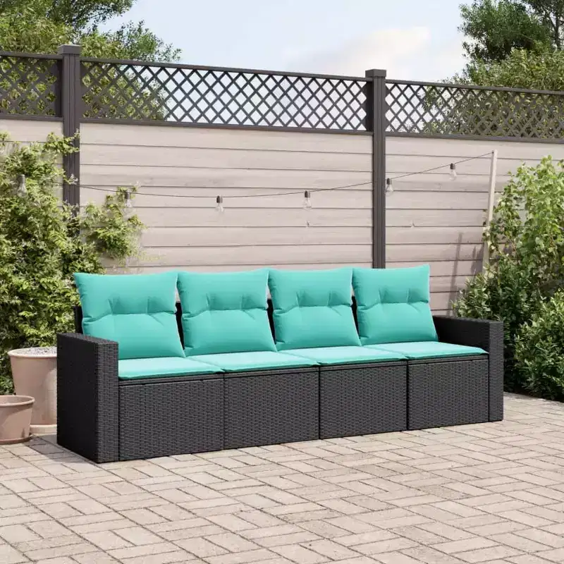 vidaXL 5 Piece Patio Sofa Set with Cushions Black Poly Rattan - Black and Blue Without Table