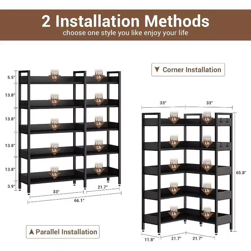 5-Tier Corner Bookshelf with 4 Hooks, Convertible L-Shape or Straight, Black/White