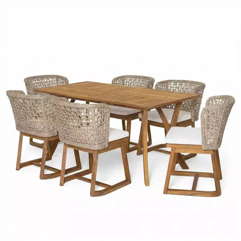 Christopher Knight Home Priya Modern 7 Piece Acacia Patio Dining Chairs with Natural Wicker and Slatted Table