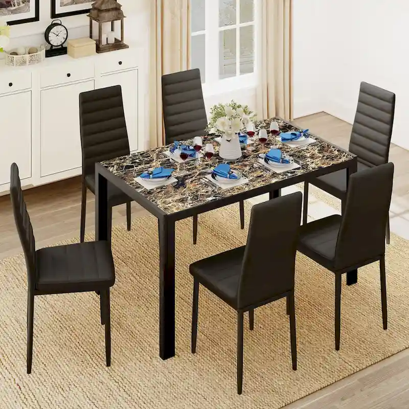 7-Piece Glass Top Dining Table Set for 6 with High Back PU Leather Chairs