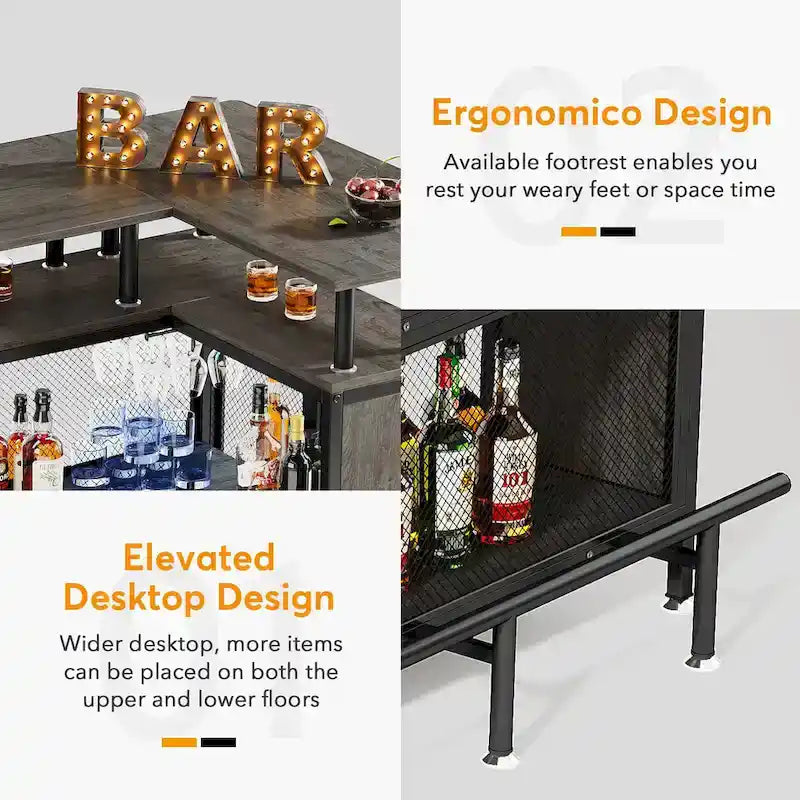 L-shape Home Bar Unit, Liquor Bar Table with 2-Tier Storage - N/A