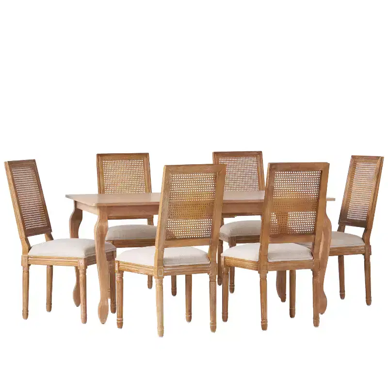 Christopher Knight Home Regan 7 Piece French Country Fabric Upholstered Wood and Cane Expandable Dining Set