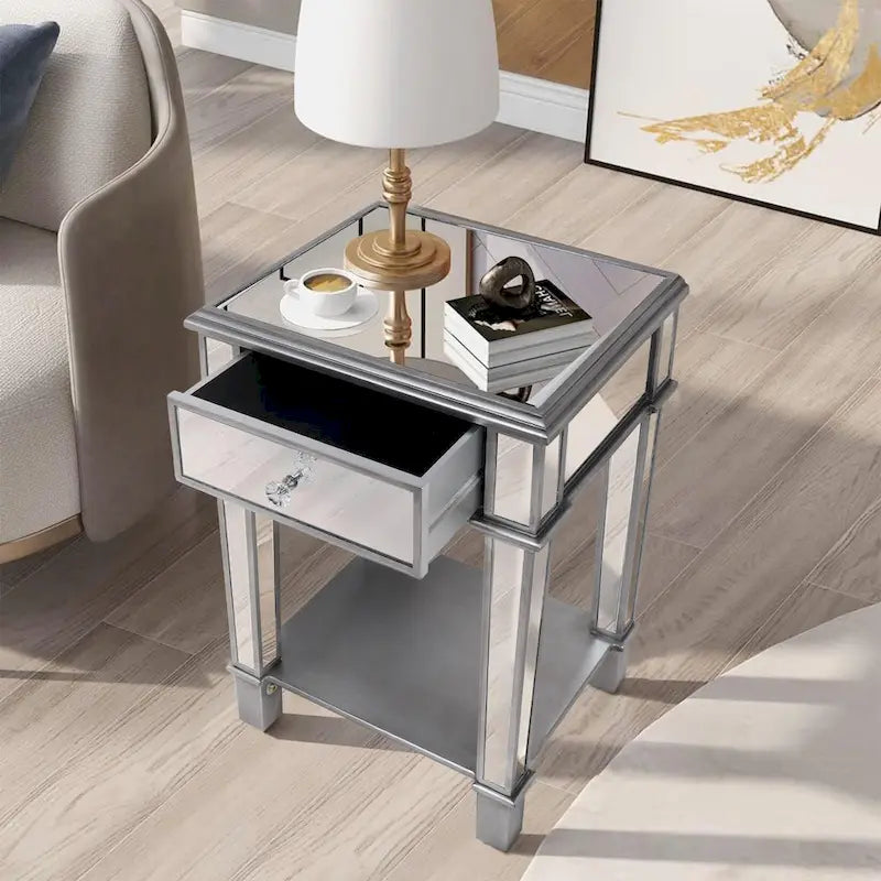 Mirrored Bedside Nightstand Glass Side V Table Silver with Drawer