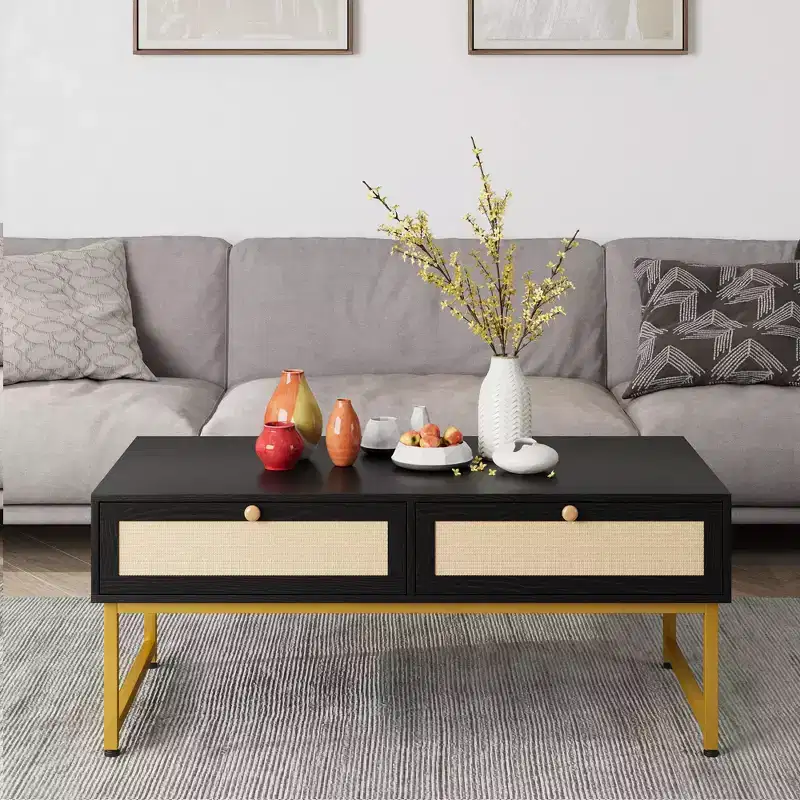 Rattan Coffee Table with 2 Drawers and Wood Top, 45.6 Inch