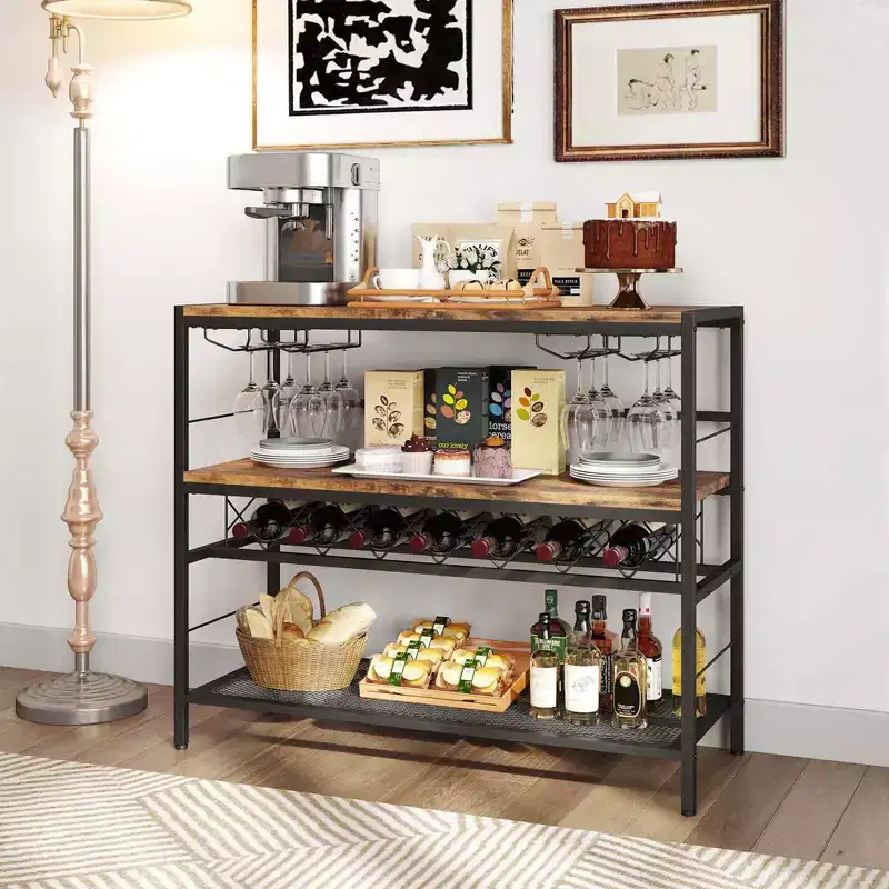 41 Wine Rack with 4 Glass Holders Wide Countertop Middle & Bottom Storage Shelves