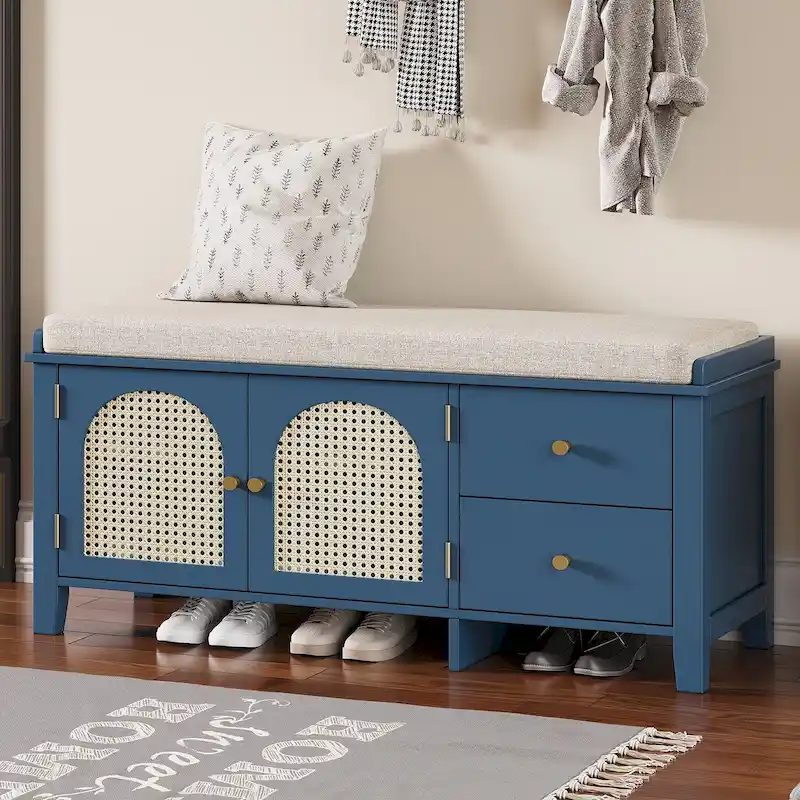 Storage Bench with Cushion,2 Drawers and Rattan Doors for Entryway