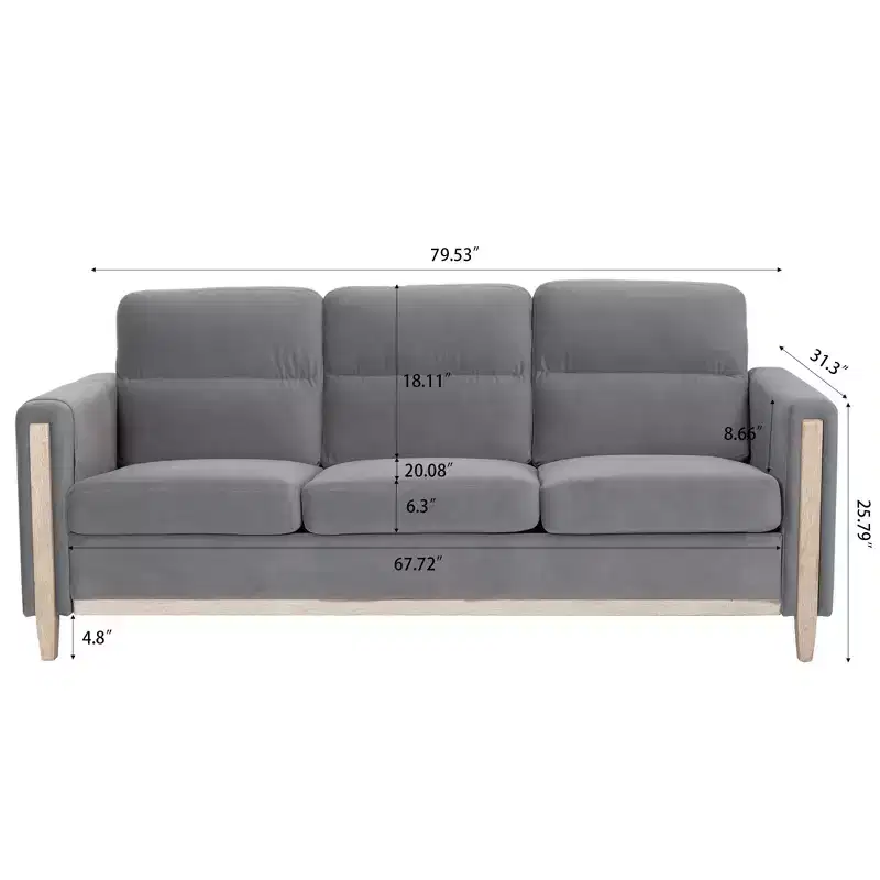 Modern Upholstered Sofa, 3-Seater Sofa with Side Pocket Wood Frame Mid-Century Modern Upholstered Loveseat for Living Room Bedroom Office Gray