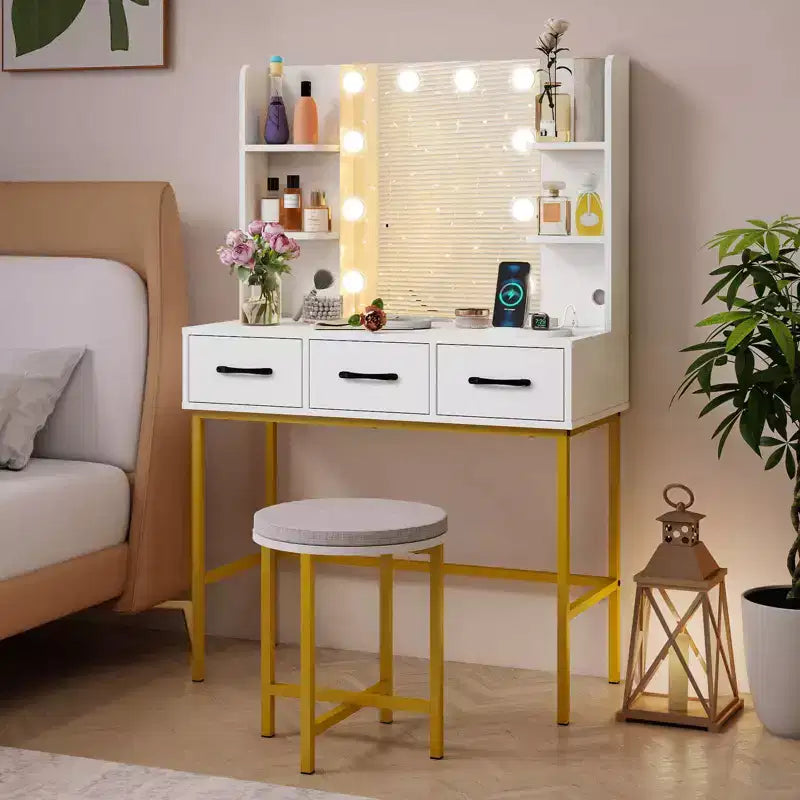 Costway Vanity Desk with Mirror Lights Power Outlets 4 Open Shelves 3 Storage Drawers