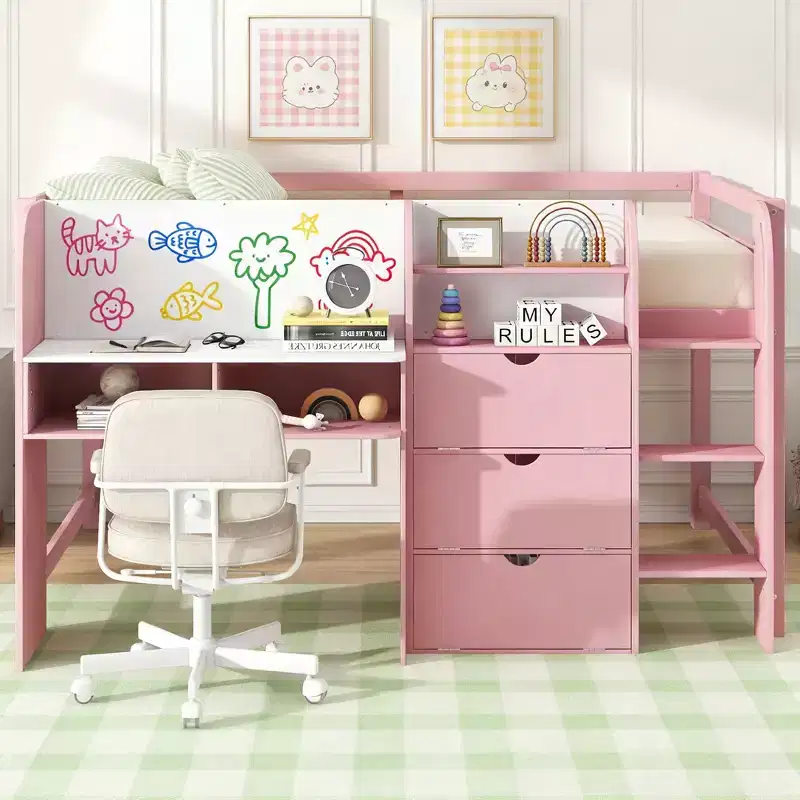 Pink/White Low Loft Bed with Desk, Storage & Whiteboard �?Twin, 1-Person