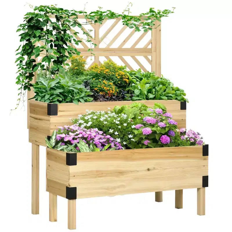 Okak 2-Tier Wooden Raised Garden Beds with Trellis, Elevated Outdoor Planter with Metal Corners, Planter Box for Backyard, Garden, Patio