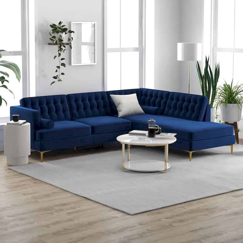 Caterine Navy Blue Velvet Tufted Modern Living Room Corner Sectional Couch