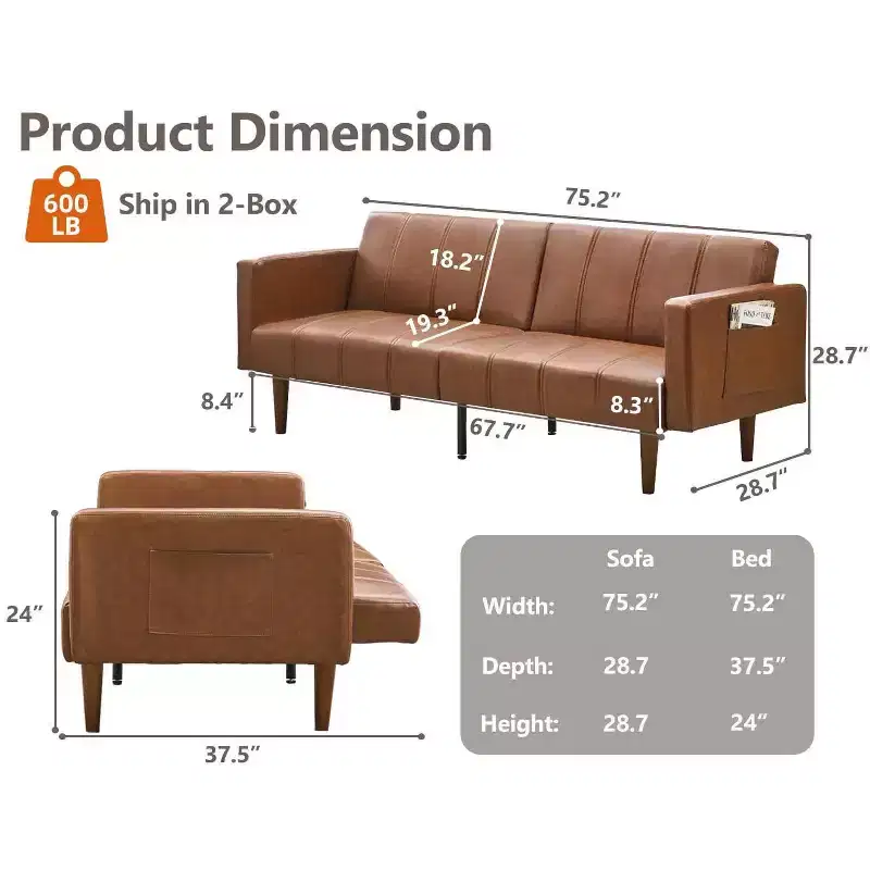 COZONY 75 Mid-Century Modern Futon Sofa Bed, Convertible PU Leather Sleeper with Adjustable Backrest, Loveseat with Side Pockets, Brown