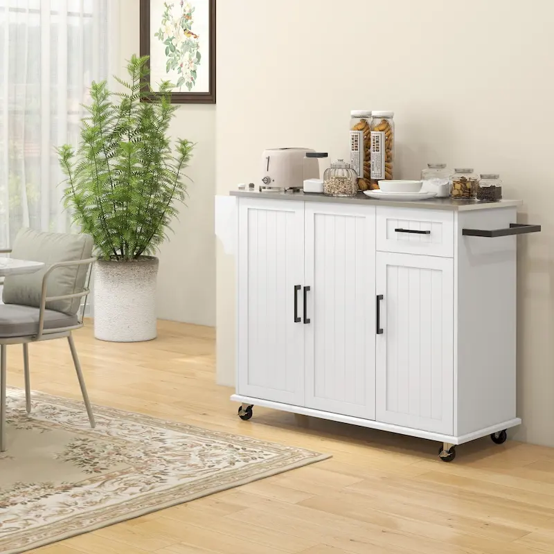 Rolling Kitchen Island with Stainless Steel Countertop, Drawers and Cabinets