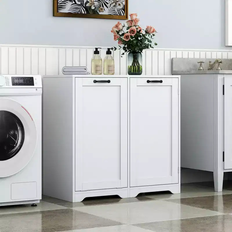 VIYET 30.3 White Freestanding Laundry Cabinet - Particle Board+MDF, Tilt-Out Hamper & Adjustable Shelf