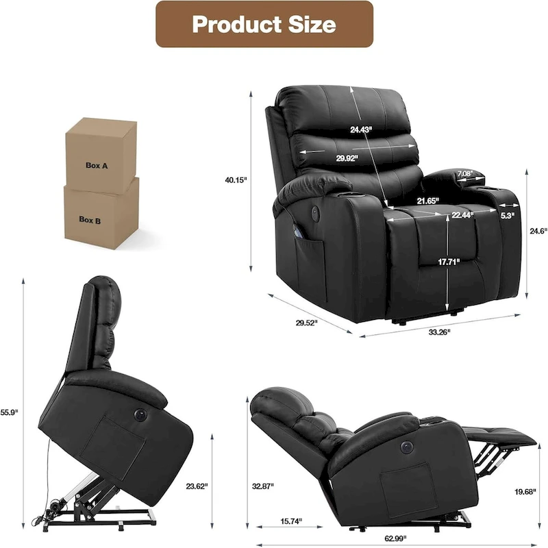 EROMMY Oversized Power Lift Recliner with Massage & Heat  PU Leather Chair with Pockets, Cup Holders & USB Port