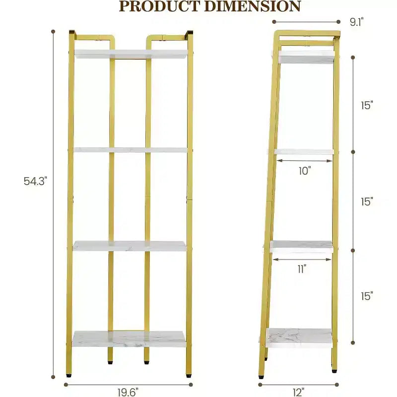 4-Tier Gold Bookshelf, Narrow Display Shelf with Marble-Textured Shelves and Metal Frame, Bookcase for Bedroom or Office