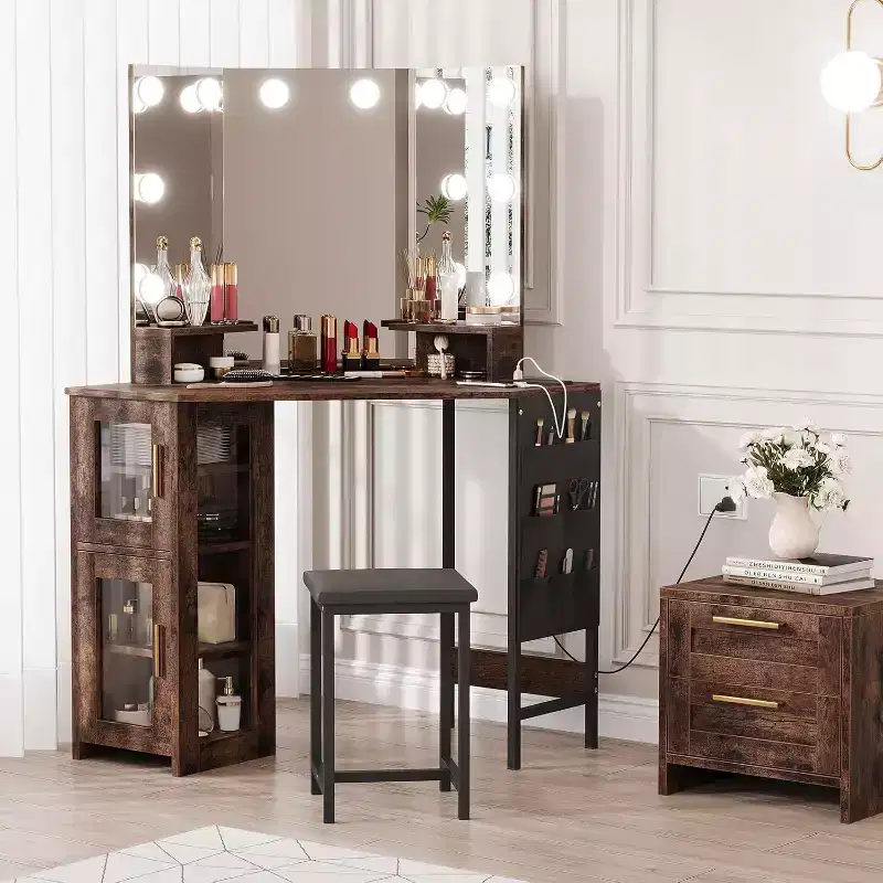 Corner Vanity Desk with Lighted Tri-Fold Mirror and Built-In Power Station