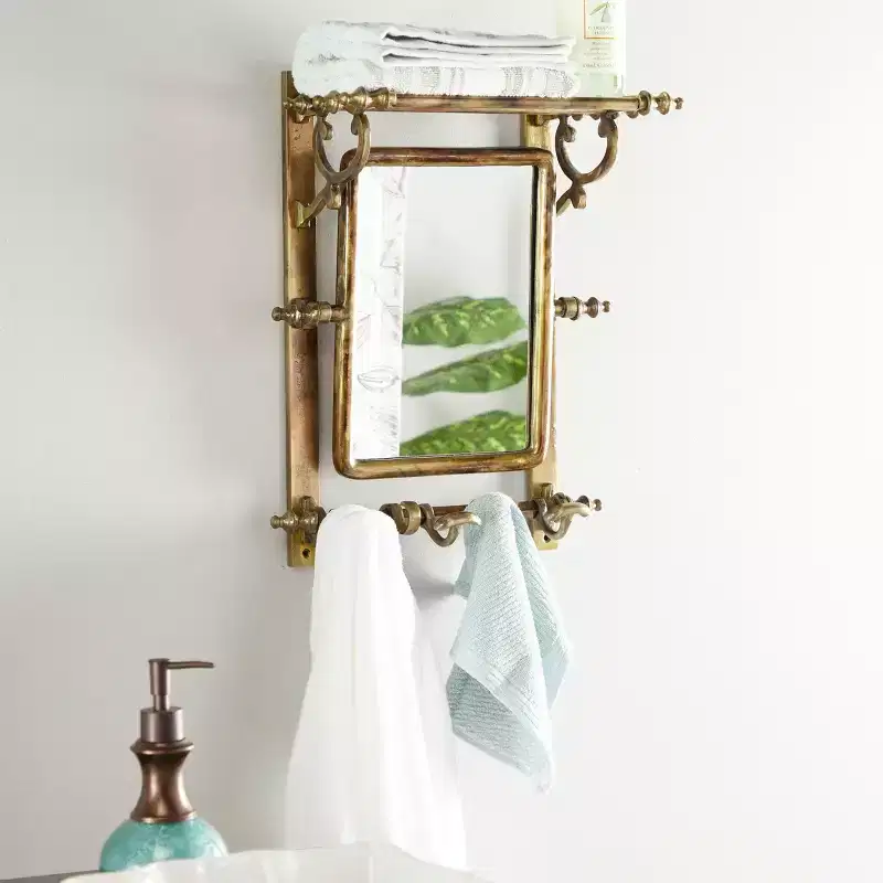 Burnished Aluminum Bathroom Wall Rack with Rectangular Mirror, Single Shelf