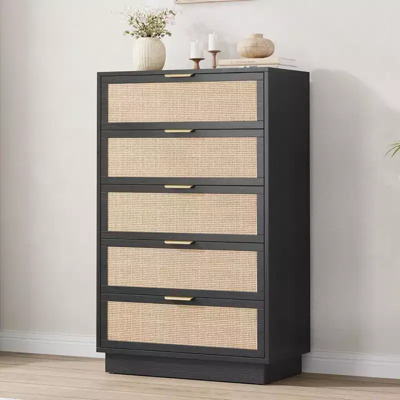 5-Drawer Rattan Dresser with Integrated Legs