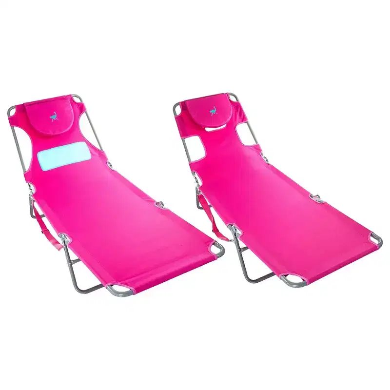Ostrich Comfort Lounger Poolside Chair w/3 Adjustable Chair Positions & Chaise Sunbathing Beach Chair w/4 Adjustable Chair Positions, Pink
