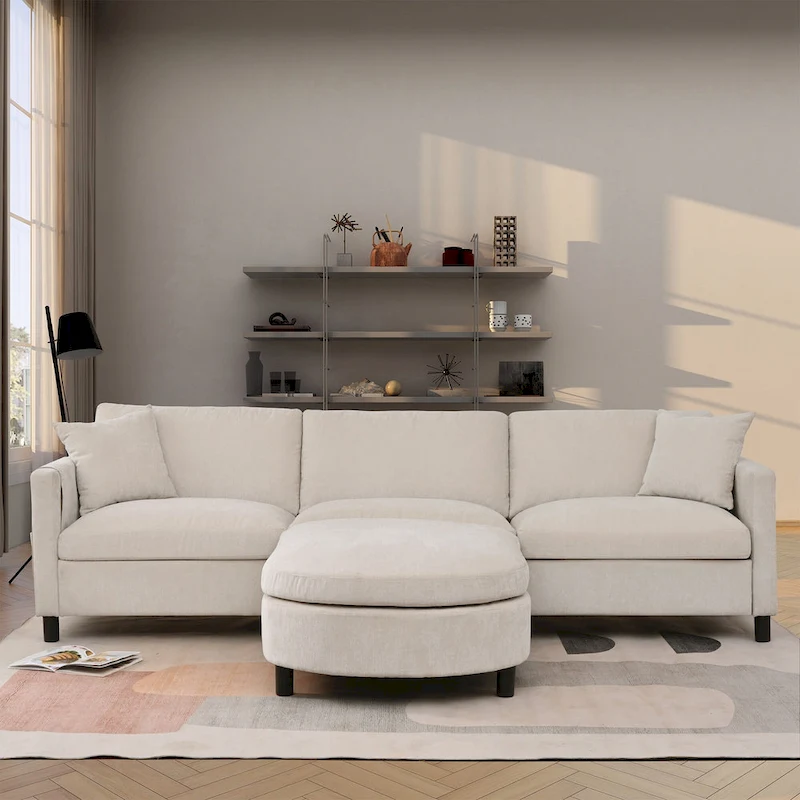 Beige 107.87 4-Seater Sofa with Movable Ottoman & Storage