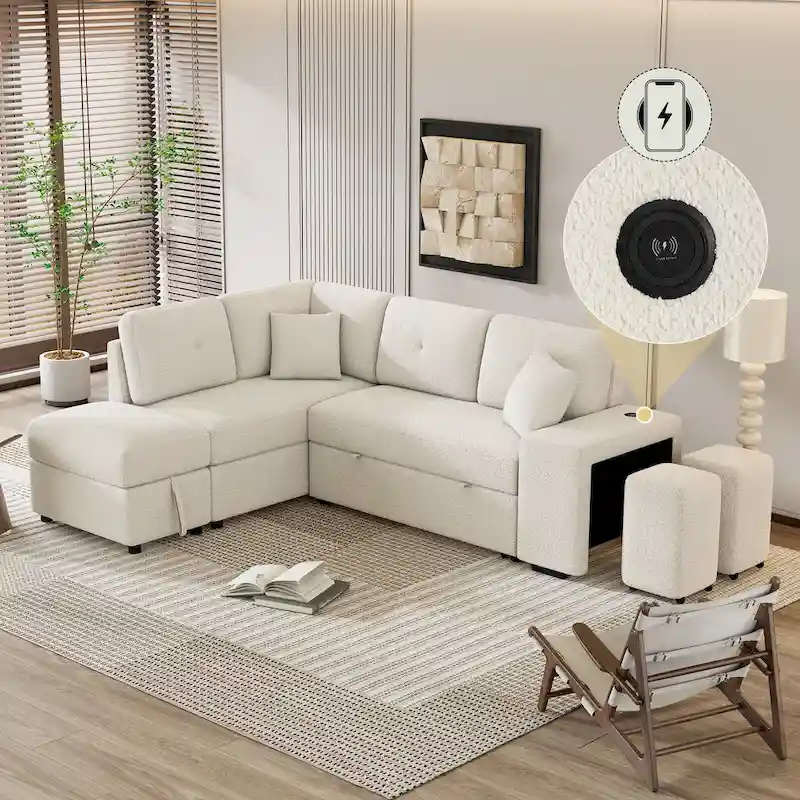 87.7 Convertible Sleeper, Sectional Pull Out Sofa Bed with Storage Ottoman, 2 Throw Pillows, 2 Stools, Wireless Charger and Two