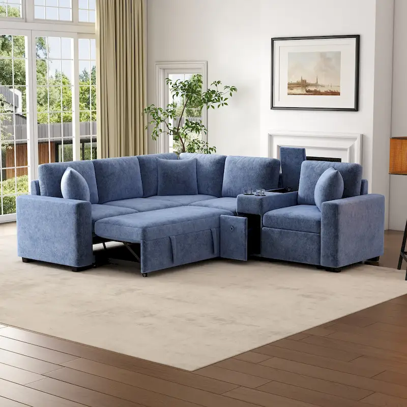Chenille Pull Out Sectional Convertible Sleeper Sofa Modular Sectional Sofa with Pillow and 2 Cup Holders for Living Room