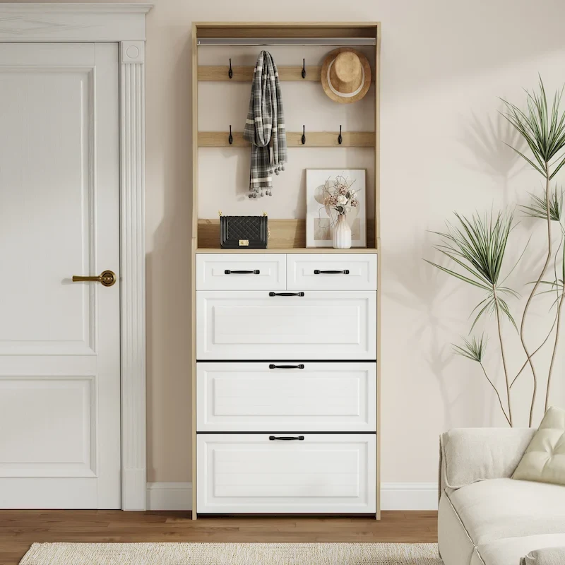 Wooden Shoe Cabinet with 3 Doors, 2 Drawers and Hangers