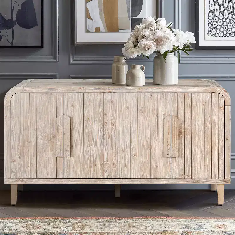JVNOXK 59-inch farmhouse-style storage sideboard with wooden handles, woodgrain carvings and adjustable shelves, suitable for kitchens, white