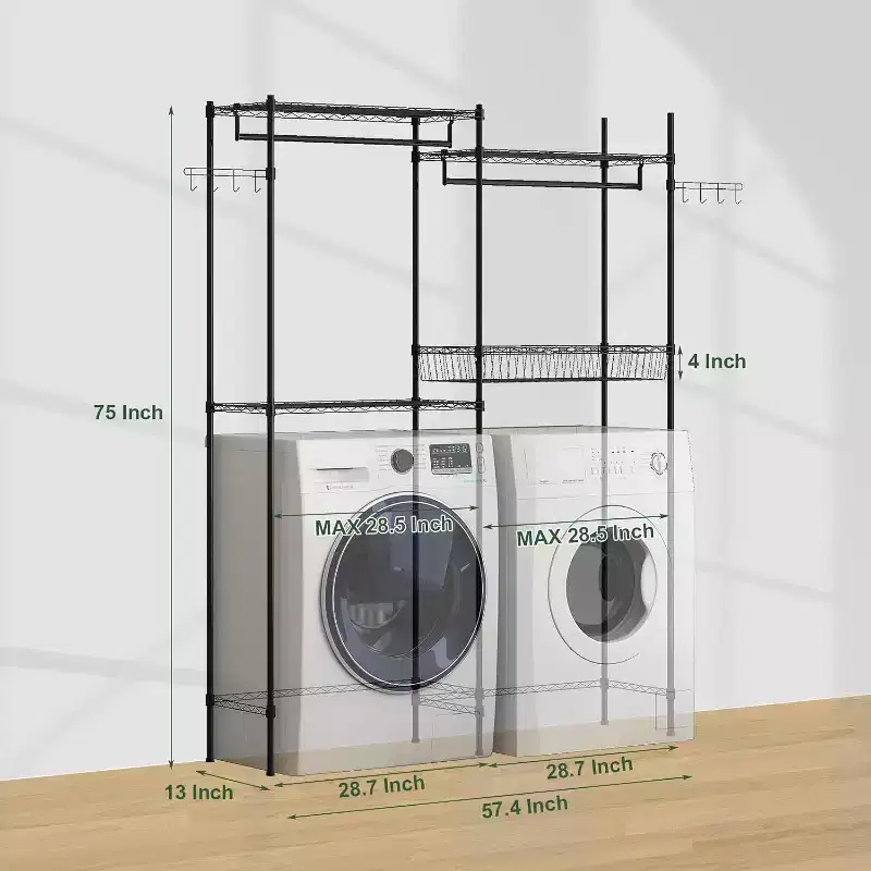 4-Tier Over Washer & Dryer Shelf, 75H Adjustable Laundry Organizer with Drying Rack, Space-Saving Metal Storage