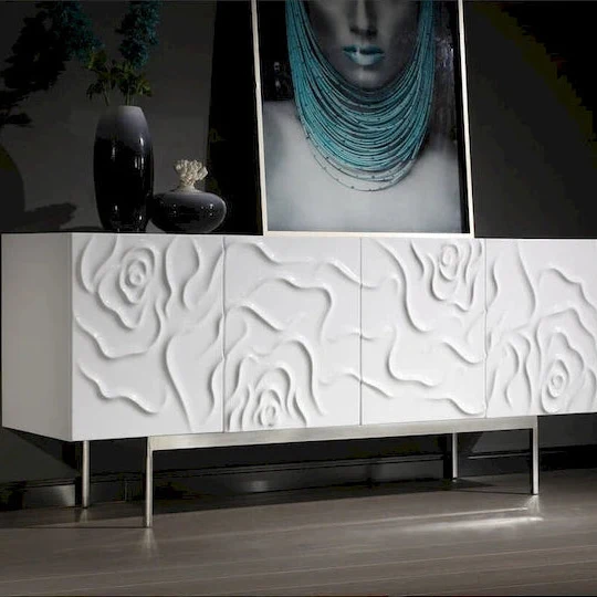 White High Gloss Buffet Sideboard with 4 Soft-Close Doors, Rose Petal Detail & Stainless Steel Legs