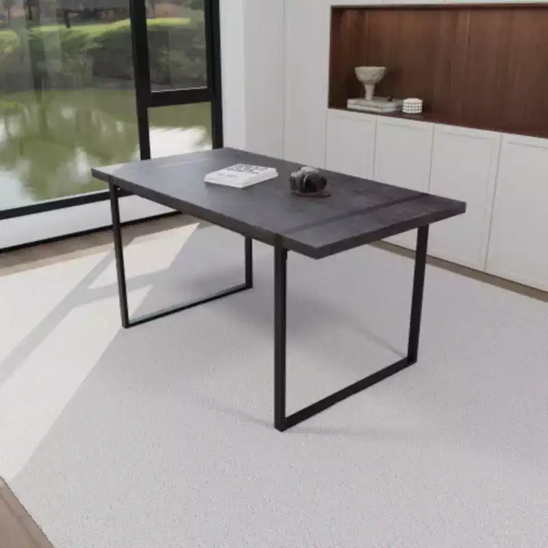 Dining Table Modern Industrial Rectangular MDF Natural Wood, 4-6 People, 1.5 Thick Engineering Wood Tabletop and Black Rectangular Metal Legs,