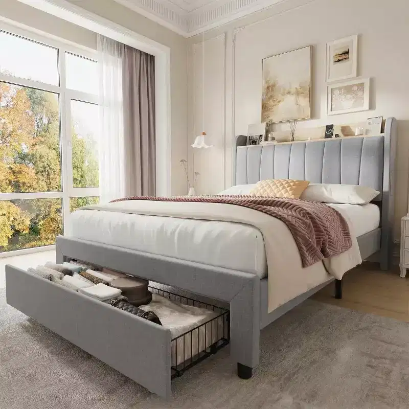 Full Size Bed Frame with Storage Headboard, Metal Platform BedFrame with Large Drawers, No Box Spring Needed, Easy Assembly, Beige