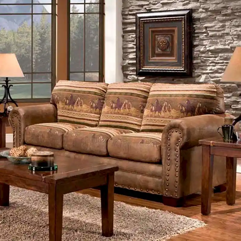 Southwestern Lodge Sleeper Sofa Pull-Out Mattress & Nail-Head Accents