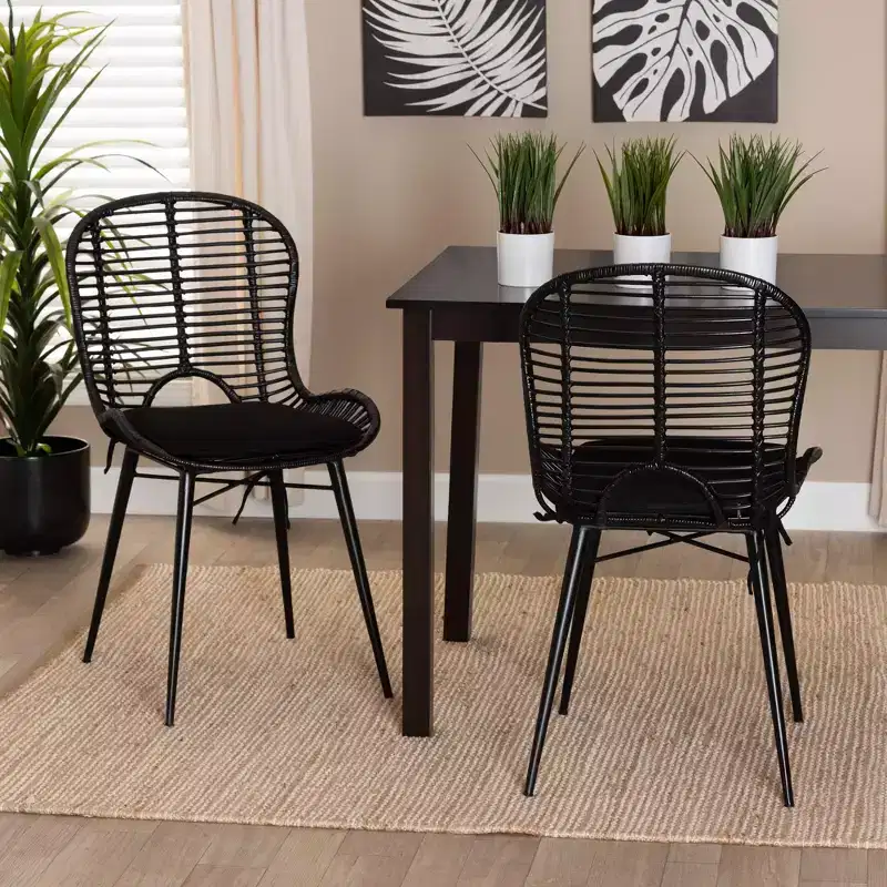 bali & pari Brenna Modern Bohemian Greywashed Rattan and Metal Dining Chair Set