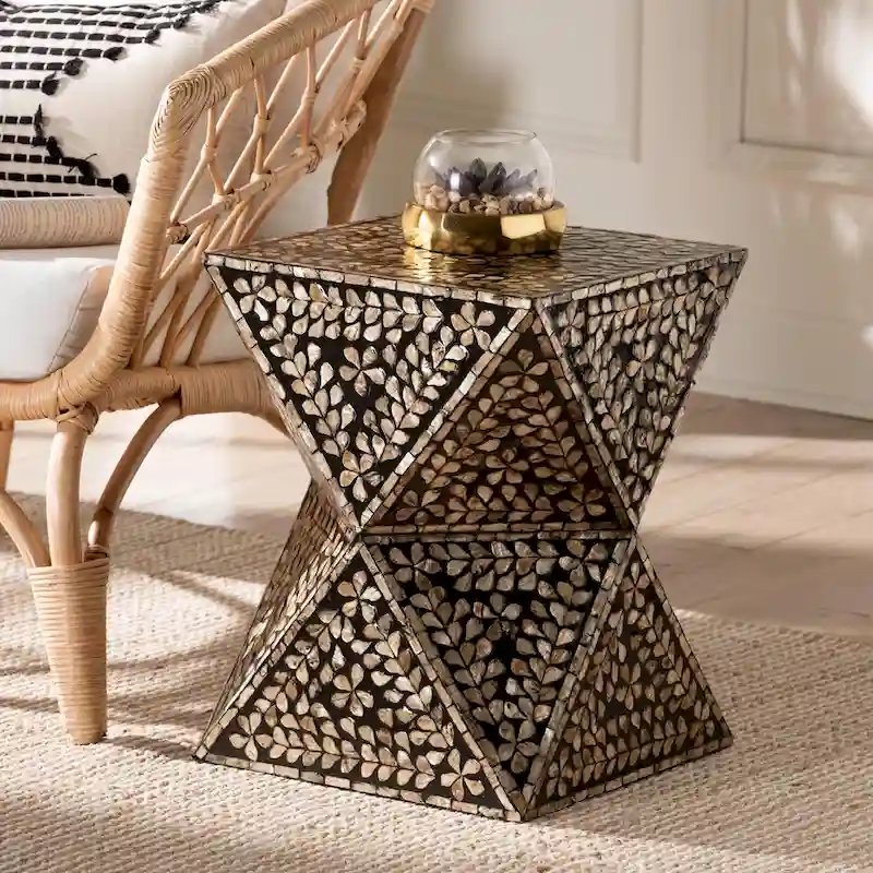 Modern Bohemian Black and Bronze Mother of Pearl End Table