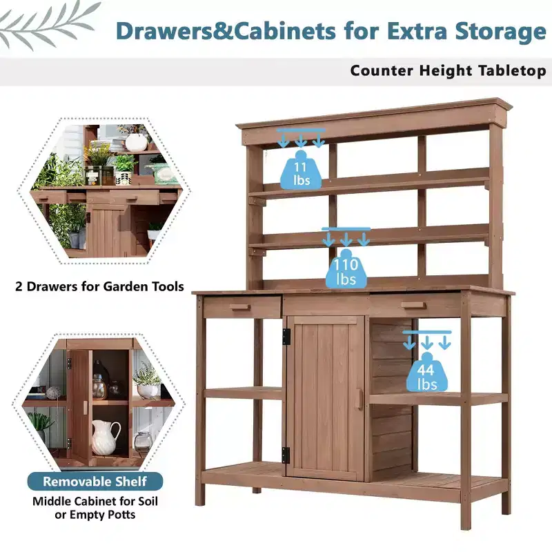 Large Farmhouse Potting Bench with 2 Drawers, Cabinet & Shelves, Outdoor Workstation for Backyard/Mudroom