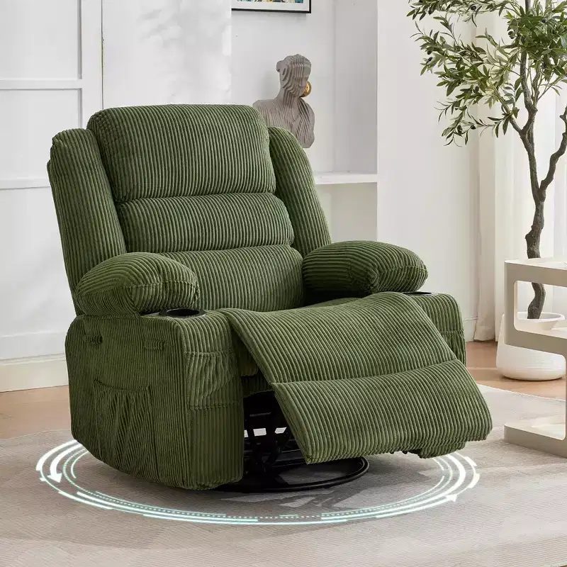 360 Swivel Rocker Recliner Chair for Adults, Rocking Manual Glider Sofa with 3 Positions, 2 Cup Holders, 4 Pockets for Nursery, Living Room, Bedroom