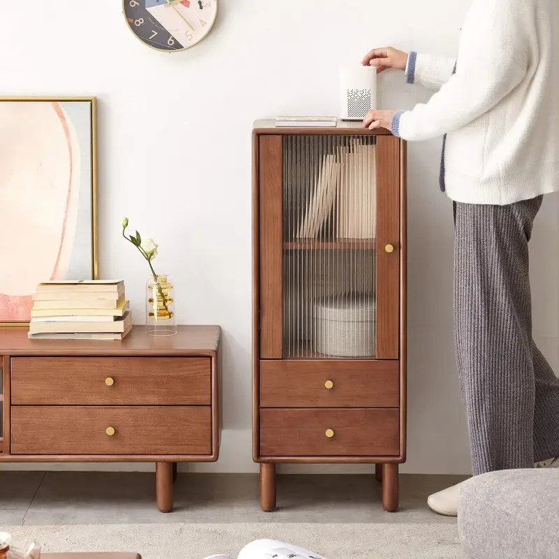 Free-Standing Corner Storage Cabinet with Glass Door,2 Shelves,2 Drawers