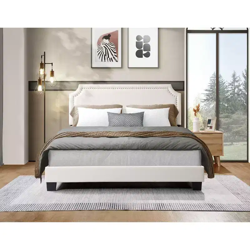 Okak Queen/Full Size Primary Bedroom Bed Frame with Linen Upholstered Headboard,Modern Platform Bed No Box Spring Needed