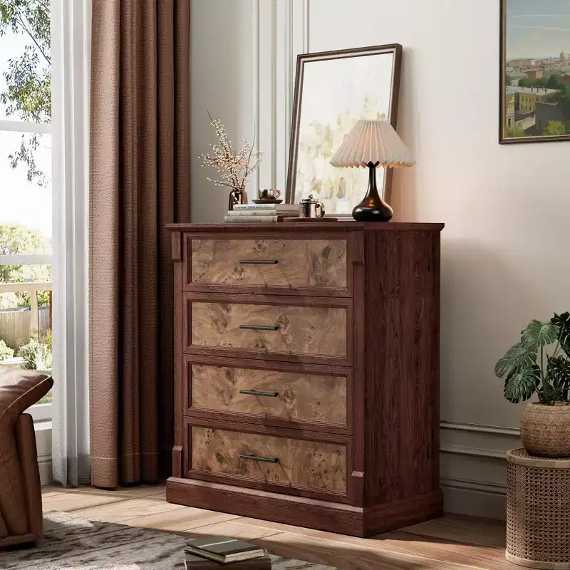 Dresser, Farmhouse 4 Drawer Tall Chest of Drawers with Metal Handles for Bedroom Living Room