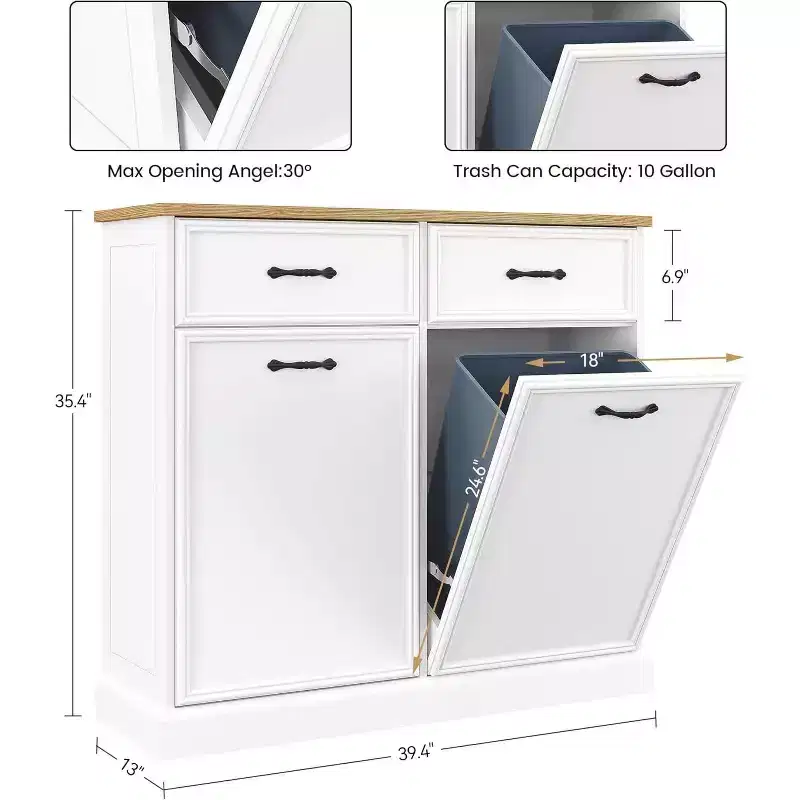 Trash Cabinet Tilt Out Freestanding 10/20 Gallon Hidden Garbage Can Storage for Kitchen Living Room, White