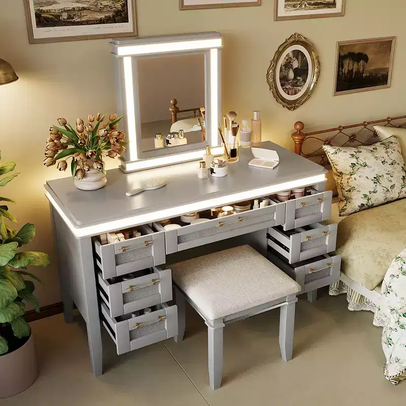 44.37 Makeup Vanity Desk with Tri-Fold Mirror, 5 Drawers, Shelves and 2 Cabinets