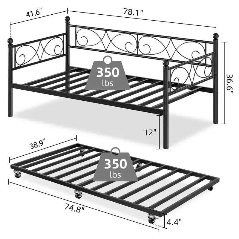 Twin Daybed with Pull-Out Trundle & Floral Iron Headboard - Black