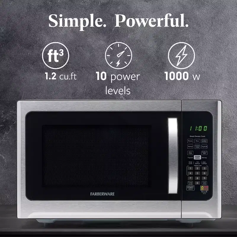 Farberware Professional 1.2 Cu. Ft. 1000-Watt Microwave Oven with Sensor Cooking, Stainless Steel/Black Body Wrap
