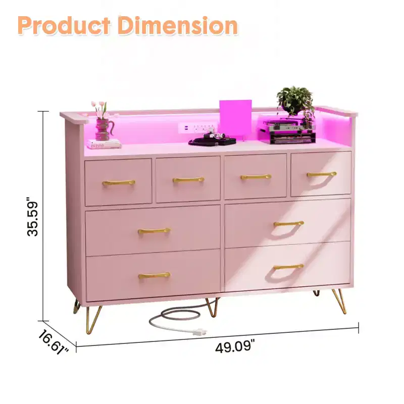 8 Drawer Dresser with Led Lights and Charging Station, Modern Dresser for Bedroom , Wooden Drawer with Open Space, Storage Organizer for Living Room,
