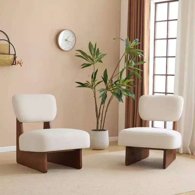 Set of 2 Modern Beige Lounge Chairs with Polyester Upholstery, Sturdy Wood Base, for Various Rooms