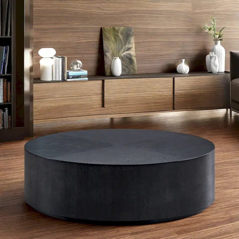 Round Pedestal Coffee Table – Black / Walnut, Modern Style, Wood Veneer, Seats 1